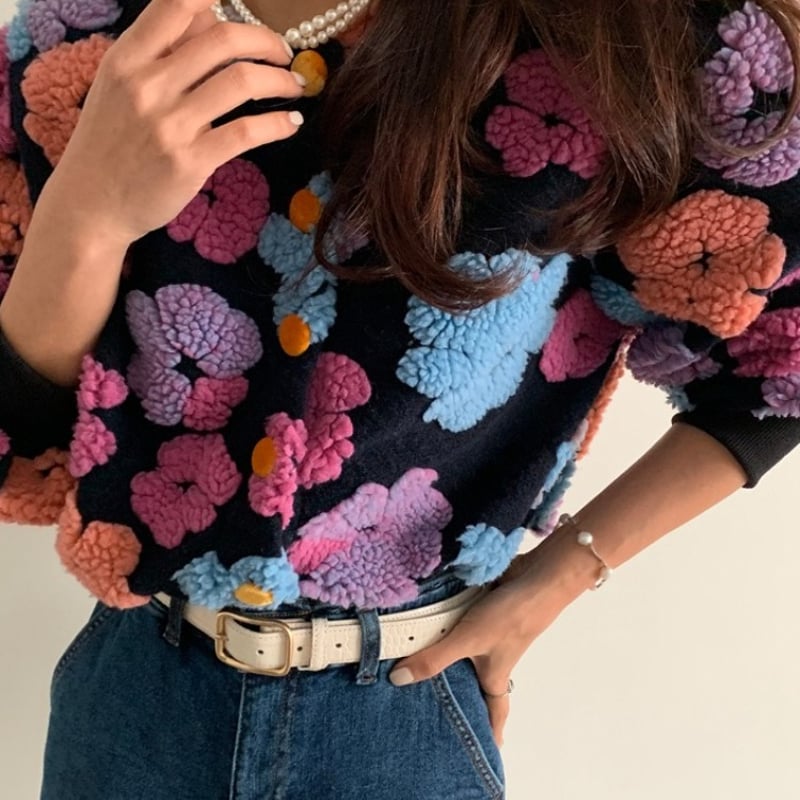 立体フラワーボアニットカーディガン ニットカーディガン カーディガン
