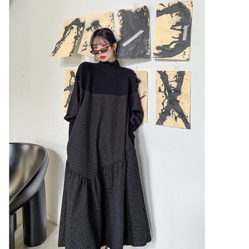 異素材ワンピース ロング ワンピース レディース 長袖 春 きれいめ 