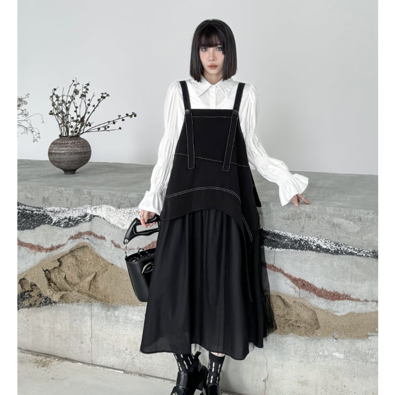 メッシュサスペンダースカートワンピース サスペンダーワンピース