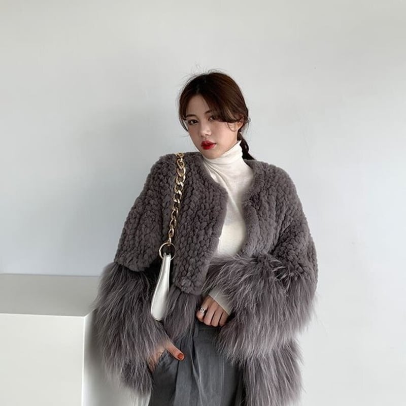 ファーステッチフェイクファーコート 異素材 ファーコート 