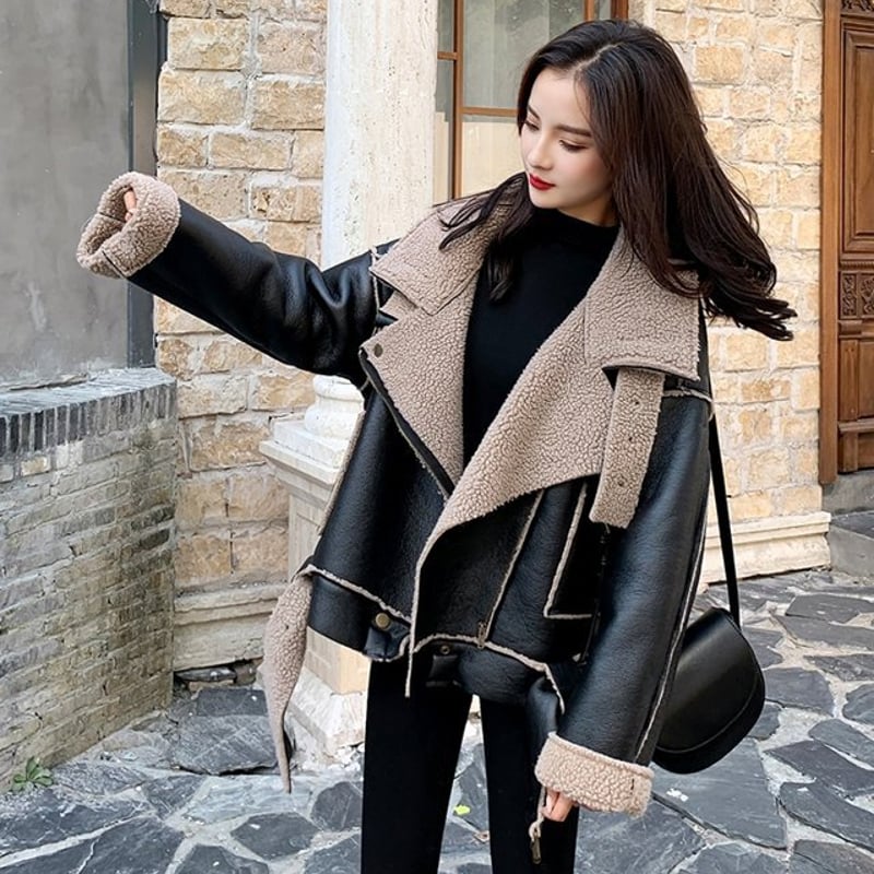 スーパービューティー⭐️フェイクレザー圧縮ボアジャケット レディース フェイクレザーアウター ボア ジャケット カジュアル 襟