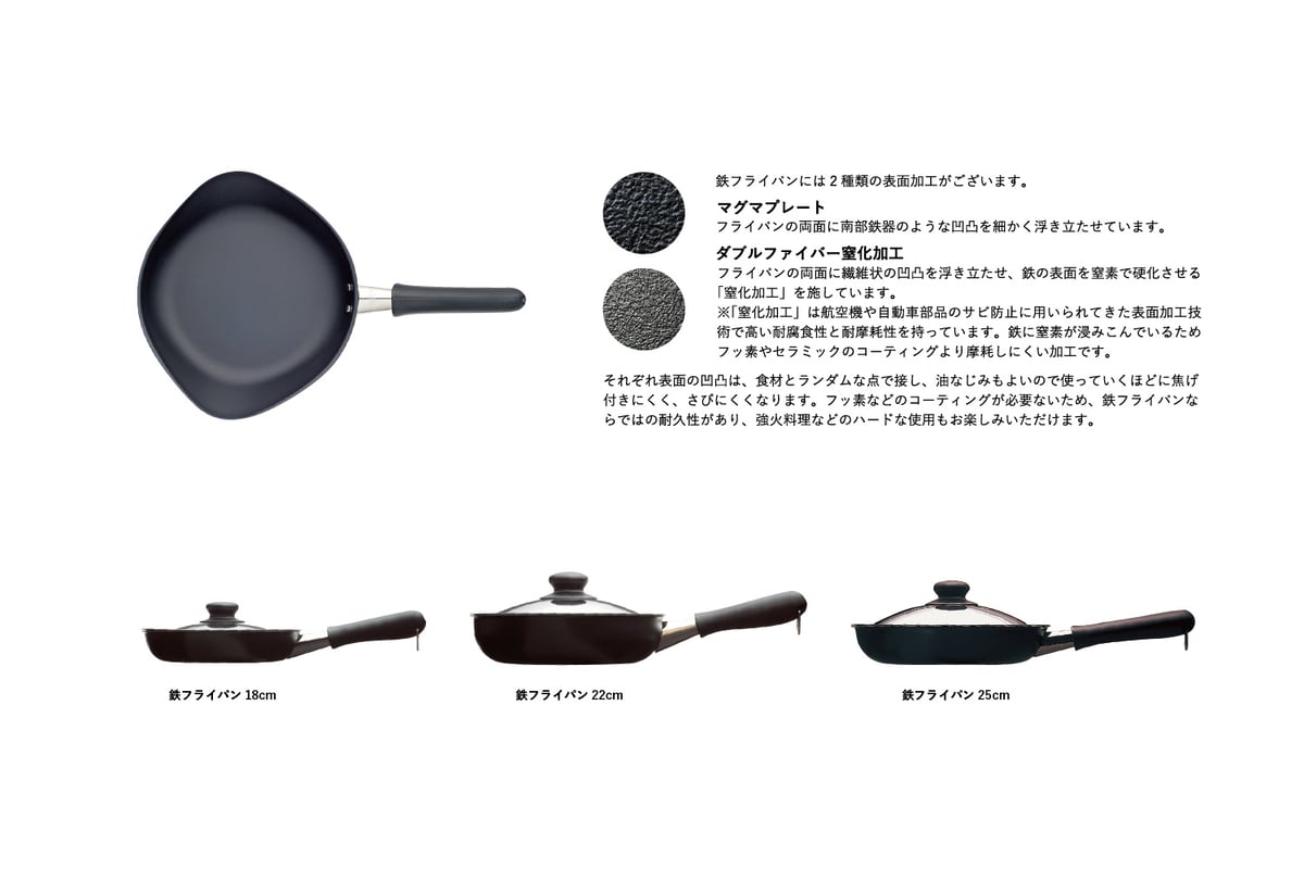 鉄フライパン 18cm ダブルファイバー窒素加工／蓋付き | Yanagi-Shop