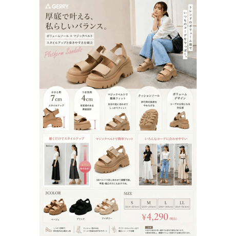 GERRY レディース サンダル GR5606 (BLK,BEG,IVR)