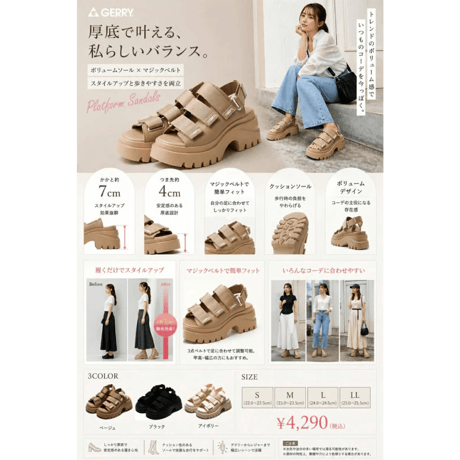 GERRY レディース サンダル GR5607 (BLK,BEG,IVR)