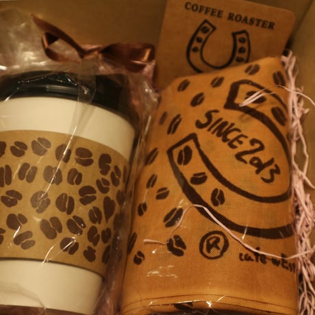 【ラッピング🎁】コーヒー豆柄靴下（サイズ２種類）＋コーヒー豆柄手ぬぐい（紺色）