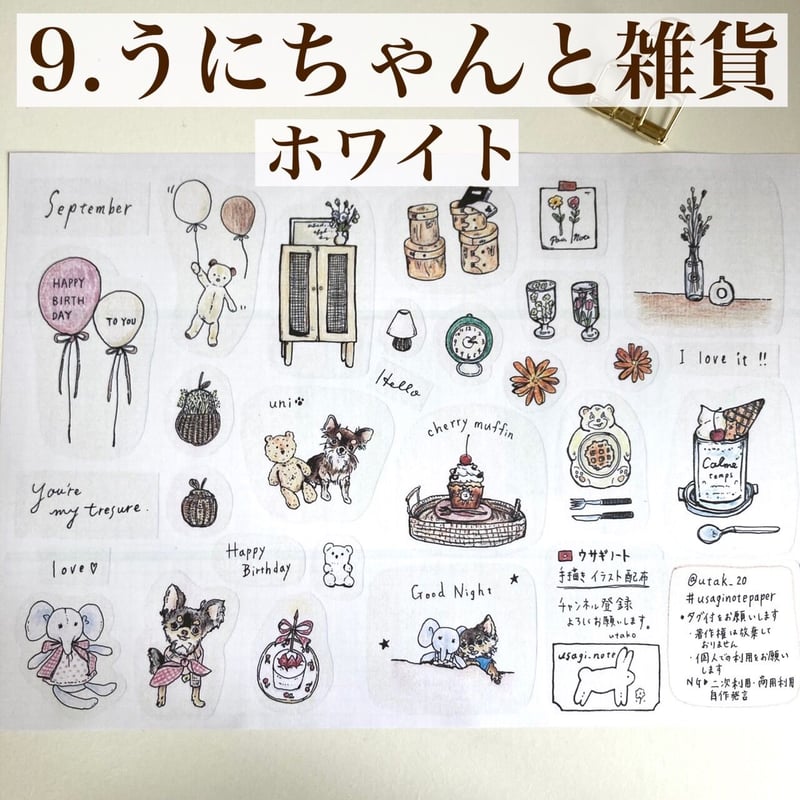 9.【9月イラストペーパー】ホワイト/ウニちゃんと雑貨🐾 | usaginote's