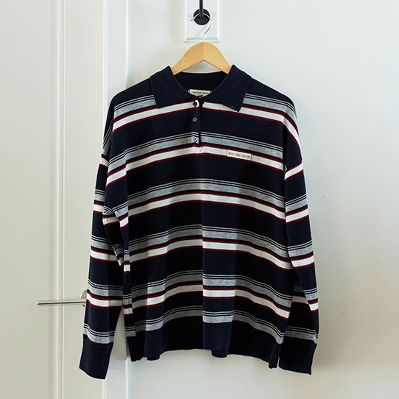 こ*ま様 MULTI BORDER LOGO KNIT POLO TOP ブラッ MULTI BORDER LOGO KNIT POLO TOP