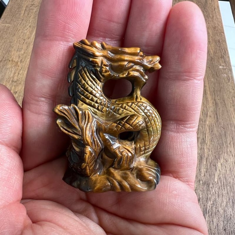 Carved Dragon Tigers Eye & Diamond Pendant Necklace 18K