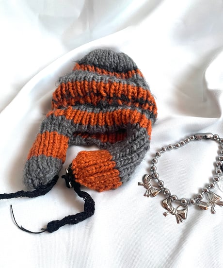 volume boarder ear muff knit  cap　[orange×gray]