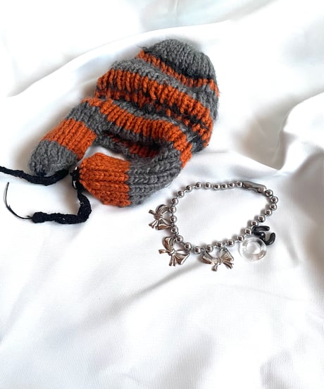 volume boarder ear muff knit  cap　[orange×gray]