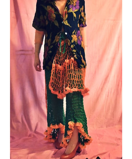 hem frill pants  【green×orange】