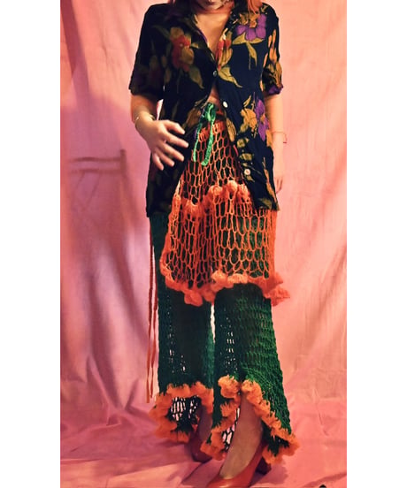 hem frill pants  【green×orange】