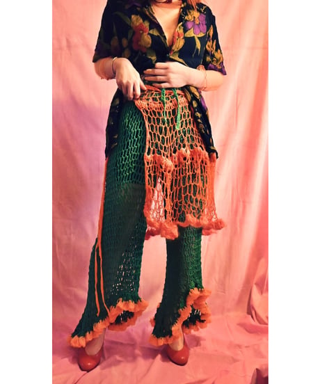 hem frill pants  【green×orange】