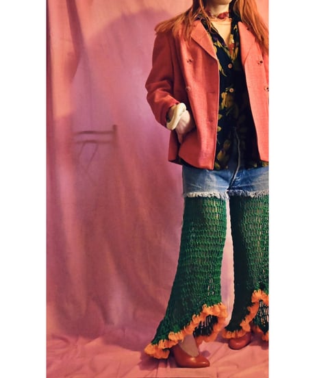 hem frill pants  【green×orange】