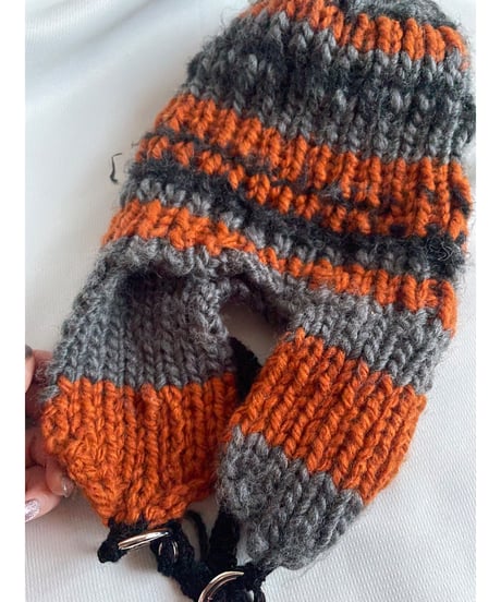volume boarder ear muff knit  cap　[orange×gray]