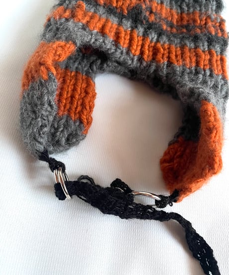 volume boarder ear muff knit  cap　[orange×gray]