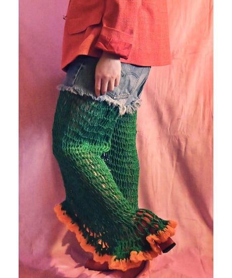 hem frill pants  【green×orange】
