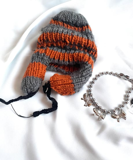 volume boarder ear muff knit  cap　[orange×gray]