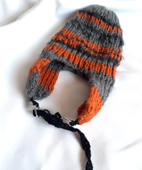 volume boarder ear muff knit  cap　[orange×gray]