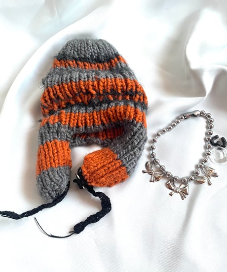 volume boarder ear muff knit  cap　[orange×gray]