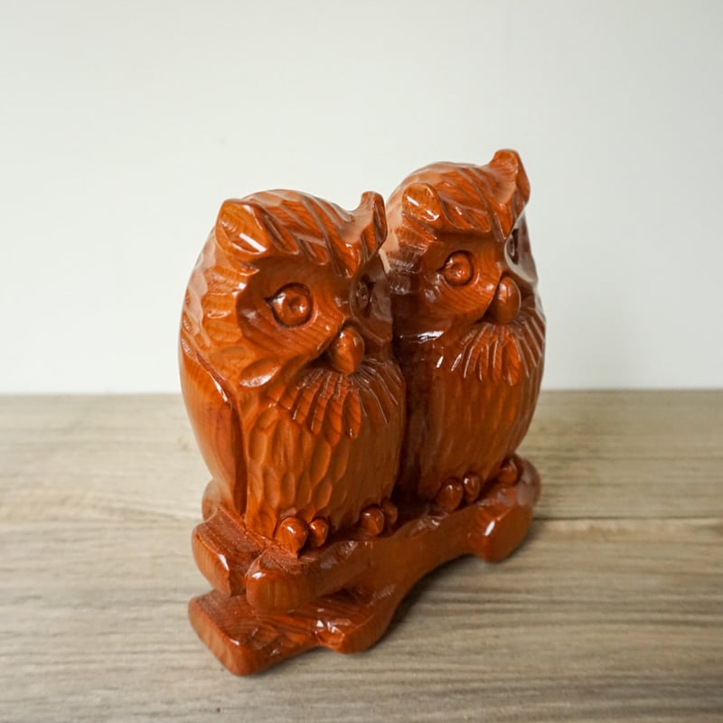 二羽フクロウ木彫り (北海道産イチイ材) | woodplaza's STORE