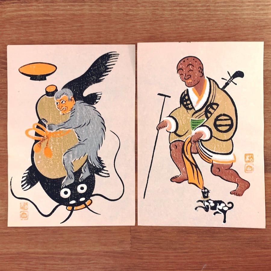 大津絵 8枚セット 解説文・高橋松山印付き original