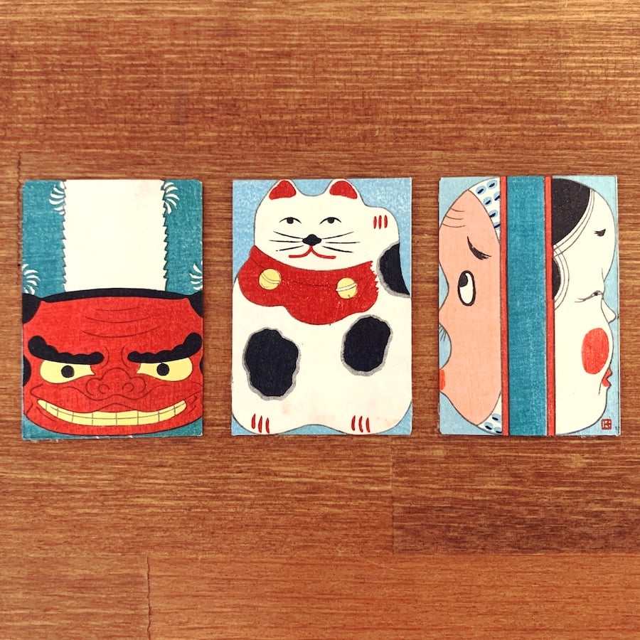 戦前のポチ袋『おもちゃ絵三種 / 招き猫・獅子・おかめひょっとこ』3枚