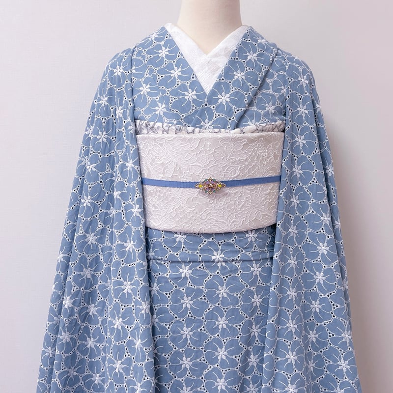 コットンレース着物 A25-ブルー | kimono.kotoko