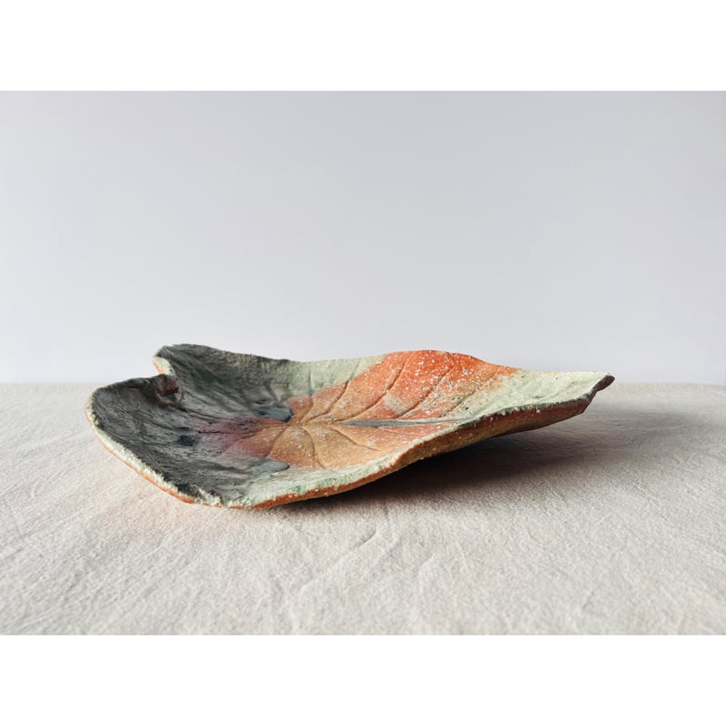 Tー116 辻村史朗 伊賀葉皿大 共箱付 Shiro Tsujimura Large Leaf