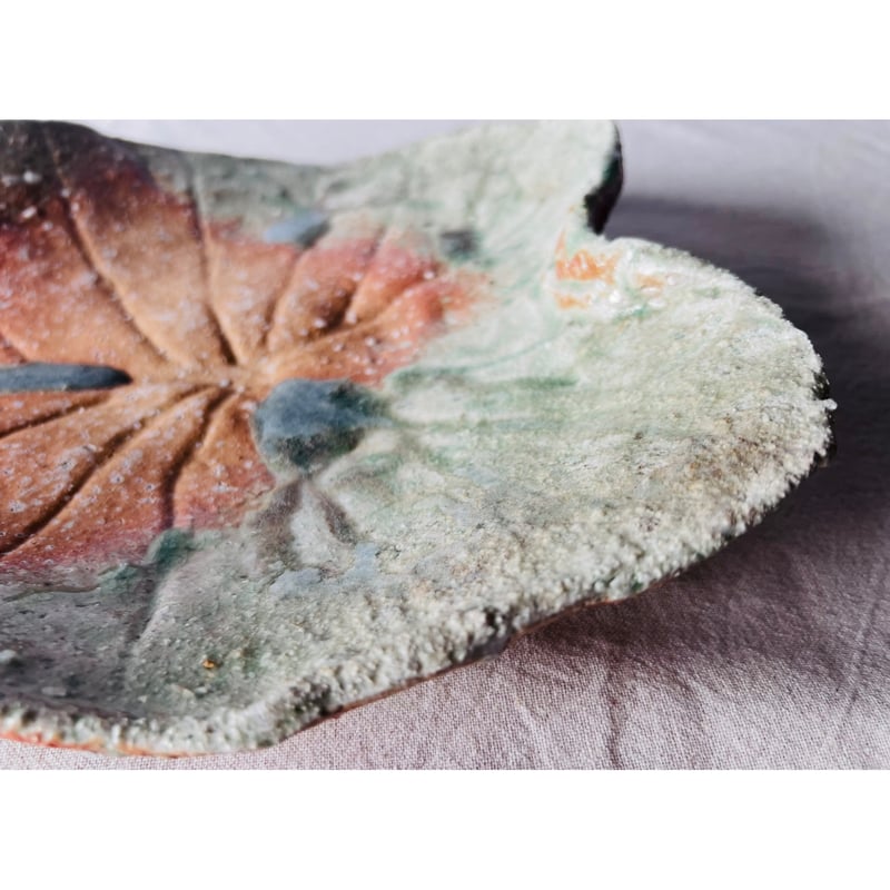 Tー116 辻村史朗 伊賀葉皿大 共箱付 Shiro Tsujimura Large Leaf