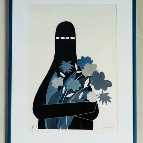 Lー1 Ly  リー「LUV with Gray Flowers」木版画　Woodblock Print