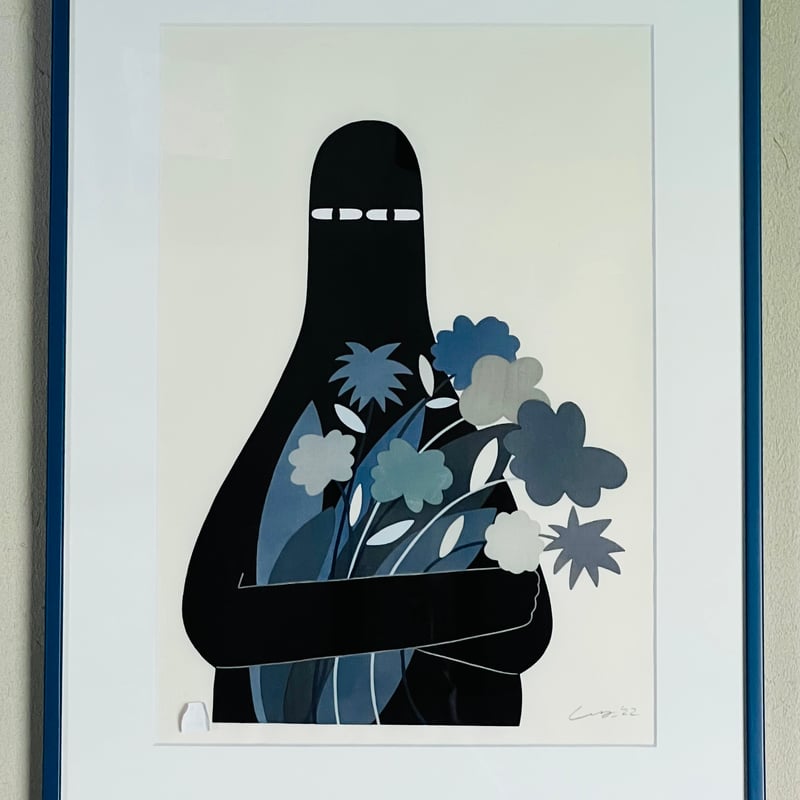 Lー1 Ly リー「LUV with Gray Flowers」木版画 Woodblock