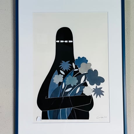 Lー1 Ly  リー「LUV with Gray Flowers」木版画　Woodblock Print