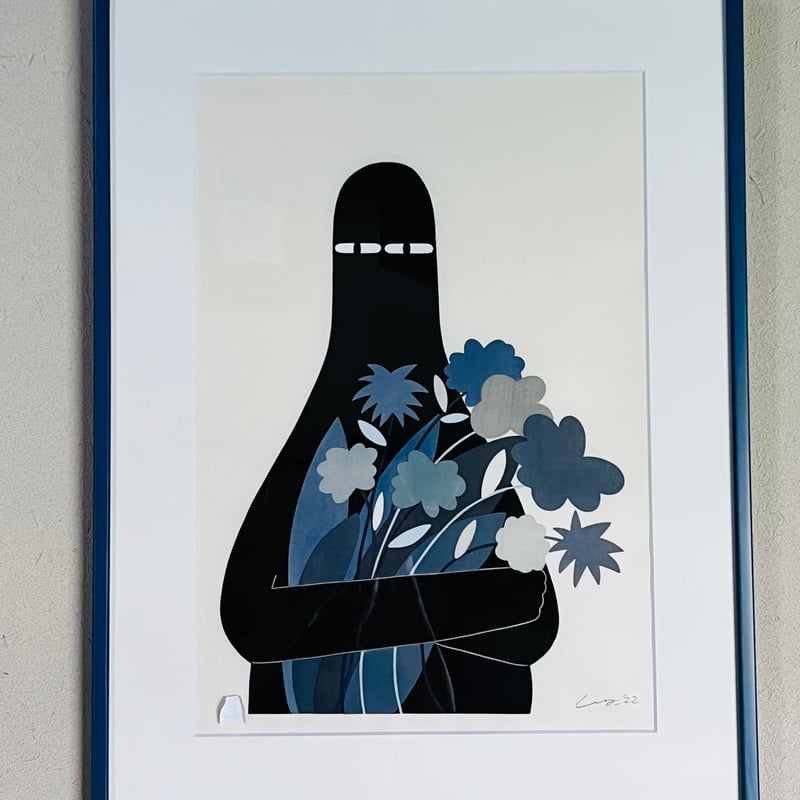 Lー1 Ly リー「LUV with Gray Flowers」木版画 Woodblock