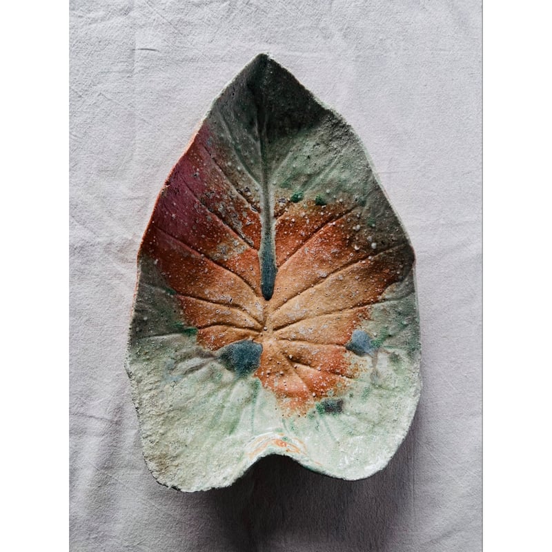Tー116 辻村史朗 伊賀葉皿大 共箱付 Shiro Tsujimura Large Leaf