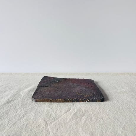 T−125 辻村史朗　焼き締め四方皿　共箱付　Shiro Tsujimura Yakishime Square Plate