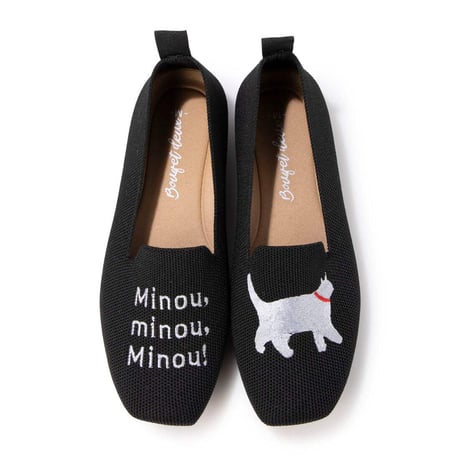 BOUQET 洗える 軽量 ローヒール スクエア 猫刺繍 アニマル ニットパンプス スリッポン オペラシューズ