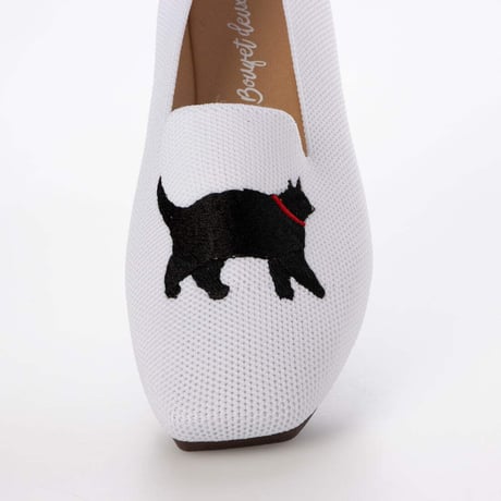 BOUQET 洗える 軽量 ローヒール スクエア 猫刺繍 アニマル ニットパンプス スリッポン オペラシューズ