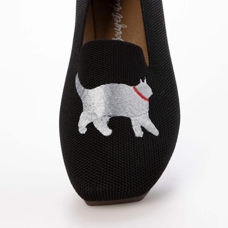 BOUQET 洗える 軽量 ローヒール スクエア 猫刺繍 アニマル ニットパンプス スリッポン オペラシューズ