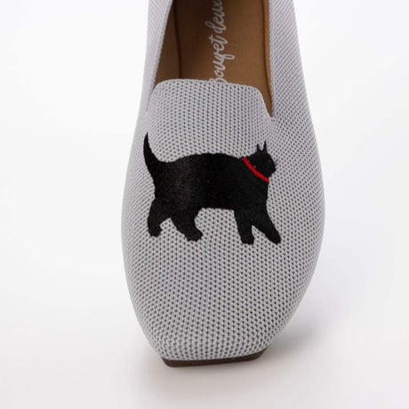BOUQET 洗える 軽量 ローヒール スクエア 猫刺繍 アニマル ニットパンプス スリッポン オペラシューズ