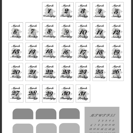 日付シート 2023年3月：モノトーン/TYPE3