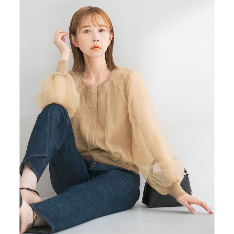 hareko×ROSSO×TDコラボ】袖パールチュールカーディガン<BEIGE>(6235-...