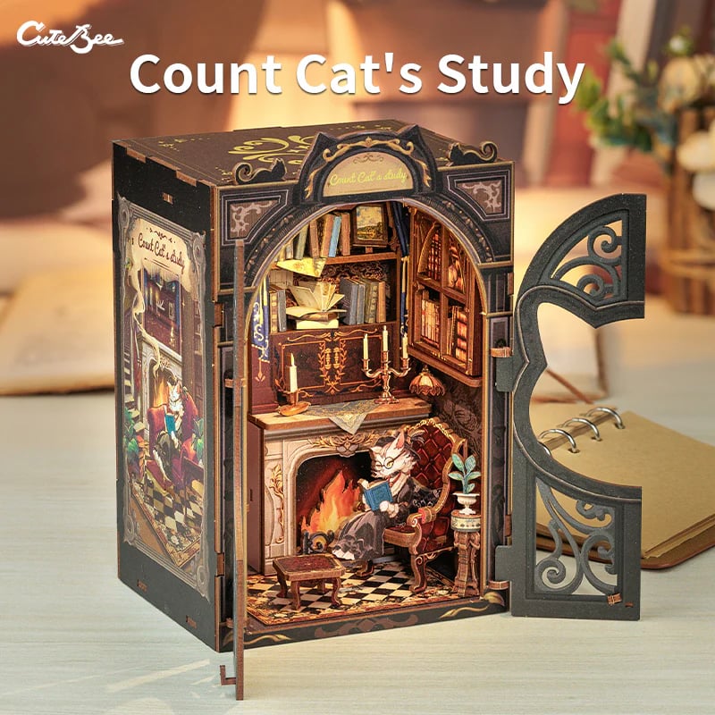 猫脚 ガラスキャビネット 作家 ミニチュア ドールハウス 飾り棚 セット CuteBee DIY Book Nook Kit ミニチュア ドールハウスキット 猫伯爵書房
