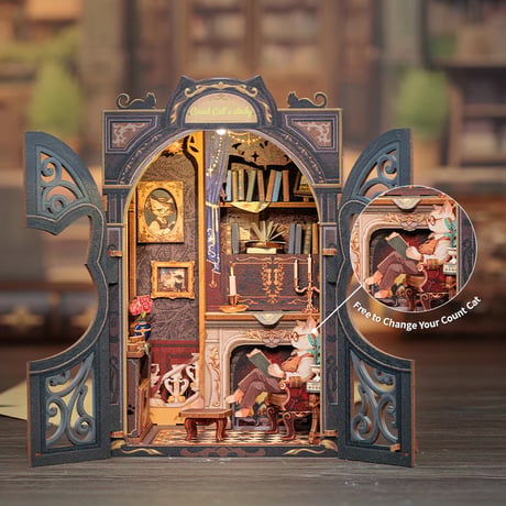CuteBee DIY Book Nook Kit ミニチュア ドールハウスキット 猫伯爵書房 Count Cat's Study