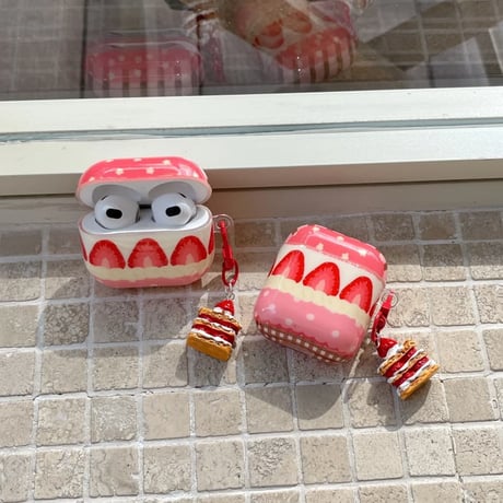 CUTECASE イチゴ柄 Airpods 4/Pro3ケース ケーキキーホルダー付 Airpods 3カバー AirpodsPro2/1 美味しそう 可愛すぎ CM6073