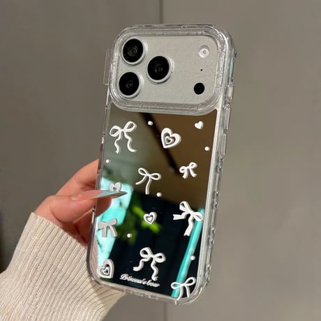 CUTECASE リボン/ハート柄 ミラー iPhone17Pro/17ケース キラキララメ iPhone17Promax/16Pro/15ケース メイク直しに便利CM6241