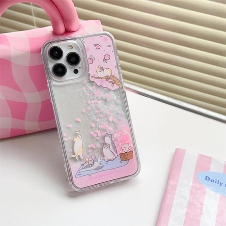 CUTECASE お花見猫 iPhone15/15proケース 動くグリッター入り iPhone14/13pro/12クリアケース ピンク 綺麗CM4412