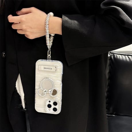 CUTECASE ダイヤ鏡スタンド iPhone17/17proケース シェル柄 iPhone16pro/15/14proカバー レンズカバー ストラップ 多機能高級感 CM5622