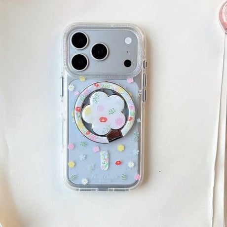 CUTECASE 花リングスタンド iPhone17Pro/17ケース MagSafe対応 iPhone16Pro/15/14ケース かわいい キラキラ感 春夏コーデCM6259