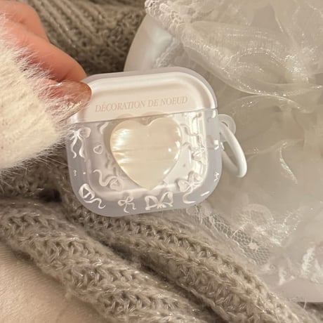CUTECASE シェル風ハート Airpods Pro3ケース リボン柄 Airpods 4/3カバーケース AirpodsPro2/1 キラキラ感 オシャレホワイト CM6187